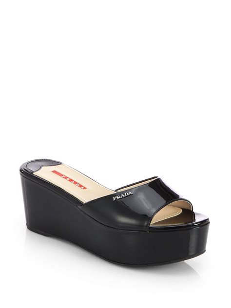 used prada black platform slides patent leather|Prada Black Patent Leather Heeled Sandals Sz 36.5/6.5 .